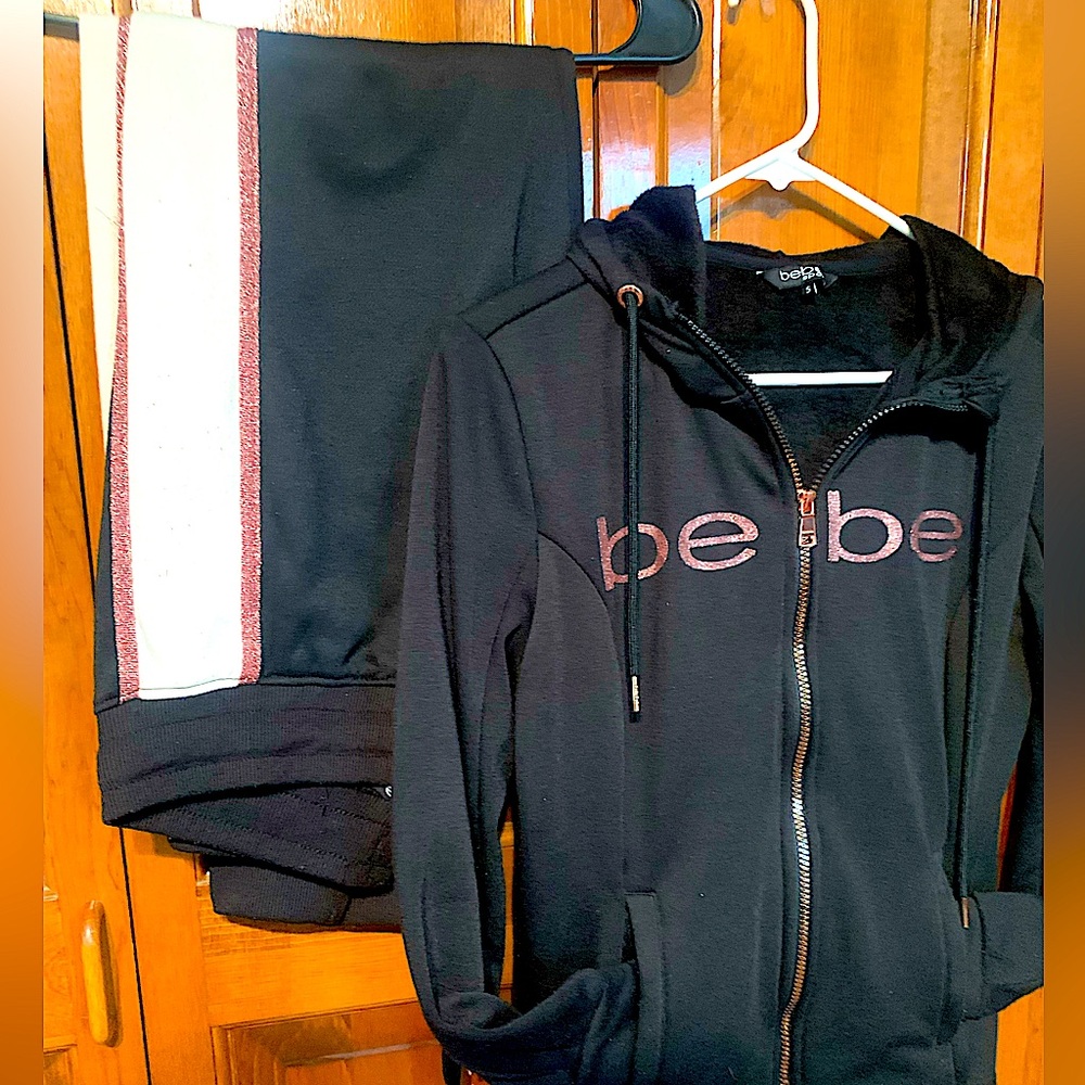 BEBE- zip up & sweat pants worn once, such a warm, comfortable & slick outfit!!